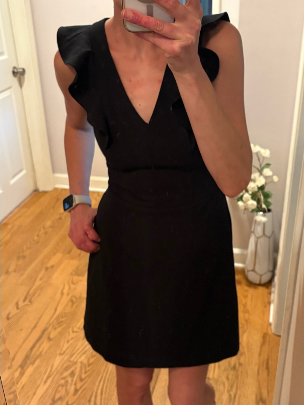 French Connection Black V-Neck Mini Dress with Flutter Shoulder Detail